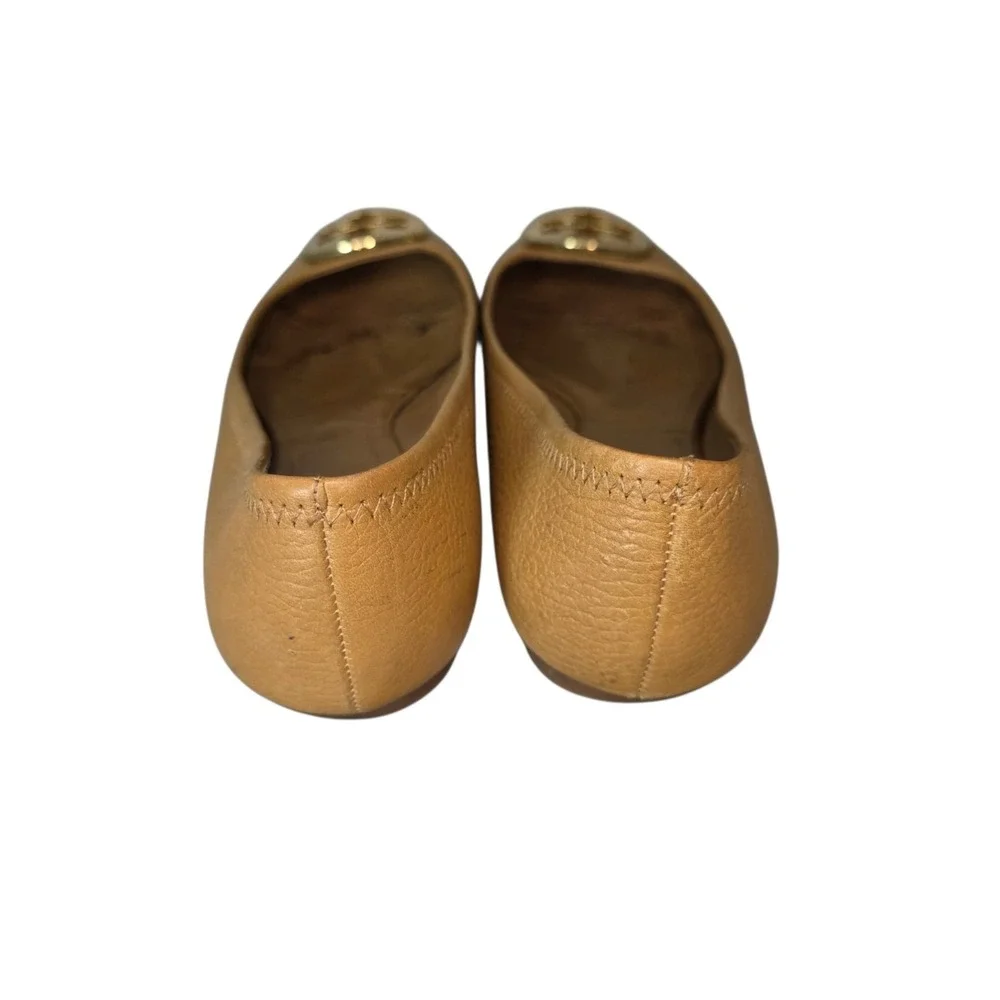 Tory Burch Reva Womens 7.5  Tan Pebbled Leather Gold Tone Logo Ballet Flats